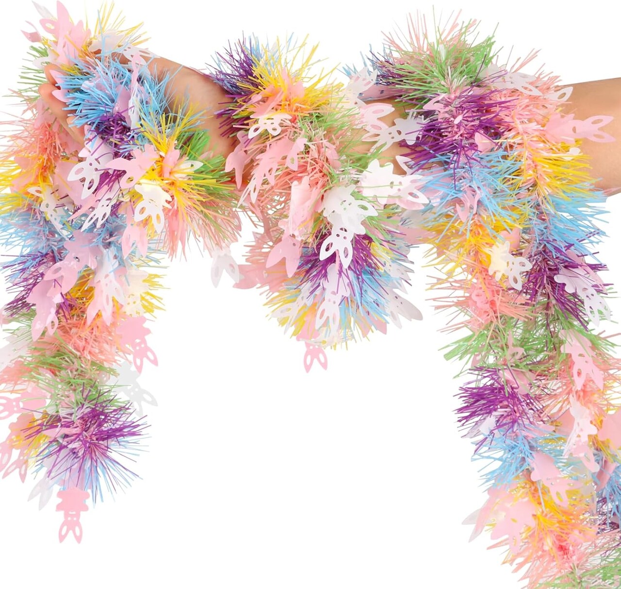 33FT Easter Tinsel Garland – Colorful Metallic Twist with Pink & White Bunny Confetti